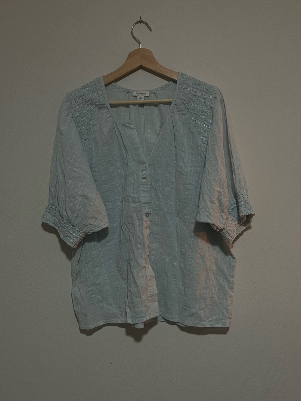 Sundance Light Blue Sparkle Button Up Embroidered Blouse, Size Medium